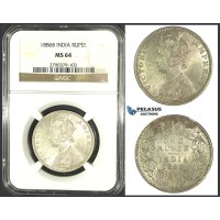 J92, India, British, Victoria, Rupee 1886-B, Bombay, Silver, NGC MS64