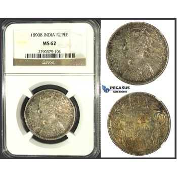 J93, India, British, Victoria, Rupee 1890-B, Bombay, Silver, NGC MS62