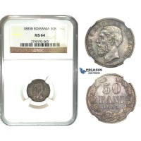 K04, Romania, Carol I, 50 Bani 1885-B, Bucharest, Silver, NGC MS64 (Pop 1/1) No better, Extremely Rare!