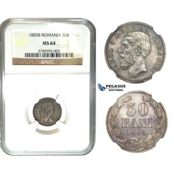 K04, Romania, Carol I, 50 Bani 1885-B, Bucharest, Silver, NGC MS64 (Pop 1/1) No better, Extremely Rare!