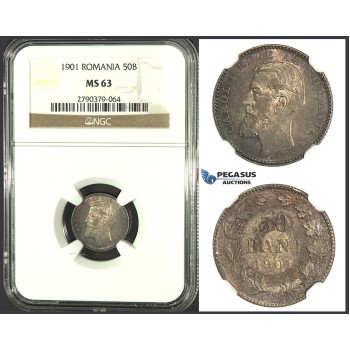 K05, Romania, Carol I, 50 Bani 1901, Hamburg, Silver, NGC MS63, Rare Grade!