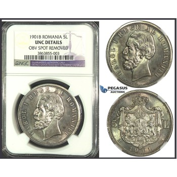 K07, Romania, Carol I, 5 Lei 1901, Hamburg, Silver, NGC UNC Details