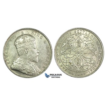 K11, Straits Settlements, Edward VII, Dollar 1909, Silver, Nice!