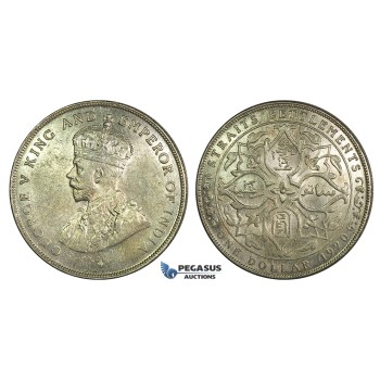 K12, Straits Settlements, George V, Dollar 1920, Bombay, Silver, High Grade!