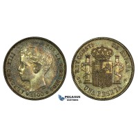 K13, Spain, Alfonso XIII, Peseta 1900 (00) SM-V, Silver, Toned High Grade!