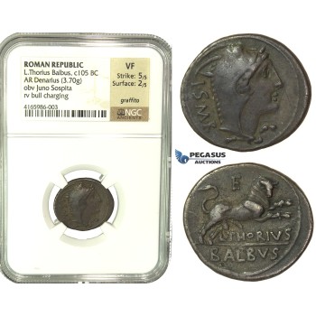 K84, Roman Republic, L. Thorius Balbus (c. 105 BC) AR Denarius (3.70g) 105 BC, Rome, NGC VF