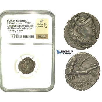 K86, Roman Republic, T. Claudius Nero (c. 79 BC) AR Denarius Serratus (3.81g) 79 BC, Rome, NGC XF