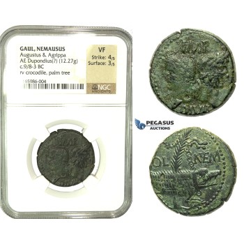 K87, Roman Provincial, Gaul, Nemausus, Augustus & Agrippa (27 BC - 14 AD) AE Dupondius (12.27g) c. 9/8-3 BC, NGC VF