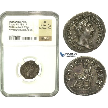 K90, Roman Empire, Trajan (98-117 AD) AR Denarius (2.99g) 100 AD, Rome, NGC XF