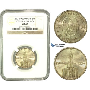 L03, Germany, 3rd Reich, (Potsdam Church) 2 Mark 1934-F, Stuttgart, Silver, NGC MS65 (Pop 1/1, Best)