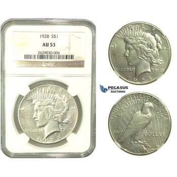 L27, United States, Peace Dollar 1928, Silver, NGC AU53, Rare!