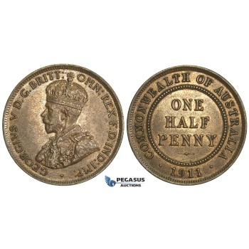 L31, Australia, George V, Half Penny 1911, High Grade! Partial Luster, Red Brown