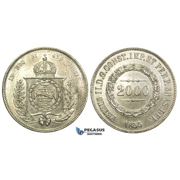 L32, Brazil, Pedro II, 2000 Reis 1855, Silver, Cleaned High Grade!