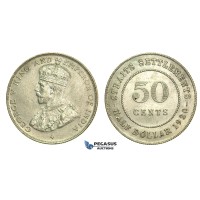 L38, Straits Settlements, George V, 50 Cents 1920, Silver, High Grade!
