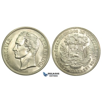 L40, Venezuela, 5 Bolivares 1935, Caracas, Silver, Mint State (Few bag marks on Obv.)