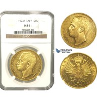 L48, Italy, Vittorio Emanuele III, 100 Lire 1903-R, Rome, Gold, NGC MS61, Very Rare!