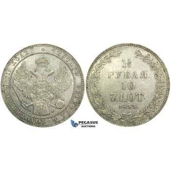 L54, Poland (under Russia) Nicholas I, 1-1/2 Rouble/10 Zlotych 1833 НГ, St. Petersburg, Silver, Bitkin 1084, Cleaned High Grade!