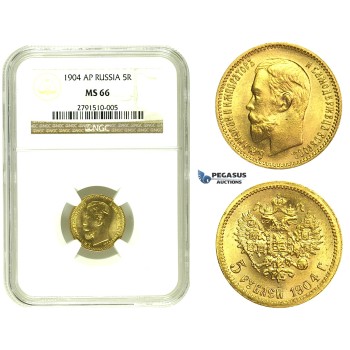 L66, Russia, Nicholas II, 5 Roubles 1904 (AP) Gold, NGC MS66