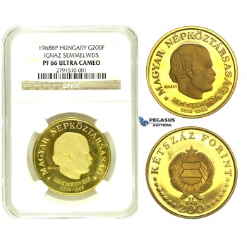 L67, Hungary, Semmelweis 200 Forint 1968-BP, Budapest, Gold, NGC PF66 Ultra Cameo