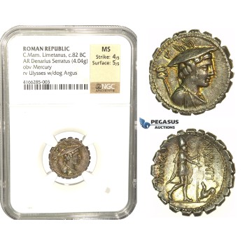 L81, Roman Republic, C. Mamilius Limetanus (82 BC) AR Denarius Serratus 82 BC (4.04g) Rome, Lovely Patina, NGC MS