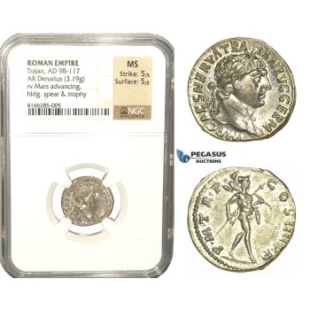 L83, Roman Empire, Trajan (98-117 AD) AR Denarius 101-102 AD (3.19g) Rome, Mars, Mint Luster, NGC MS