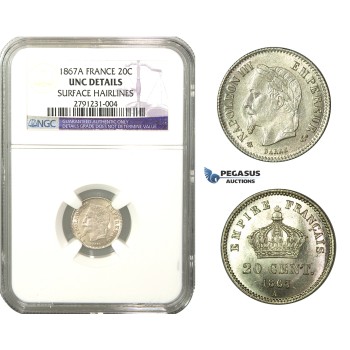 M01, France, Napoleon III, 20 Centimes 1867-A, Paris, Silver, NGC UNC Details