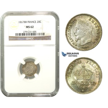 M02, France, Napoleon III, 20 Centimes 1867-BB, Strasbourg, Silver, NGC MS62