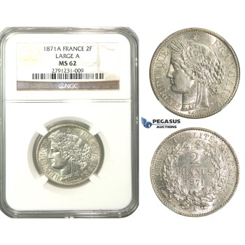 M05, France, 3rd Republic, CERES 2 Francs 1871-A (Large A) Paris, Silver, NGC MS62