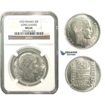 M09, France, 3rd Republic, 20 Francs 1933, Paris, Silver, NGC MS64
