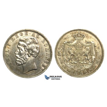 M22, Romania, Carol I, 5 Lei 1882, Bucharest, Silver, High Grade (Light cleaning)