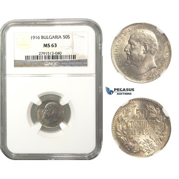 M33, Bulgaria, Ferdinand I, 50 Stotinki 1916 (Large beads) Silver, NGC MS63, Rare!