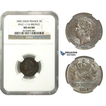 M37, France, Louis Philippe I, ESSAI 2 Centimes 1842, NGC MS64BN