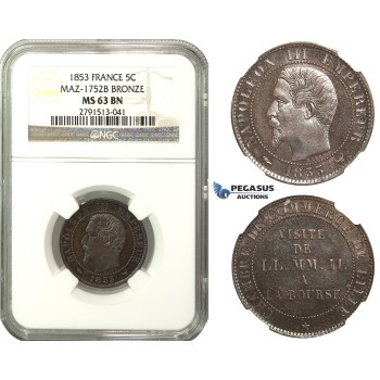 M38, France, Napoleon III, Bourse Visit 5 Centimes 1853, NGC MS63BN