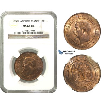 M39, France, Napoleon III, 10 Centimes 1855-K Anchor, Bordeaux, NGC MS64RB (Pop 1/1, Finest)