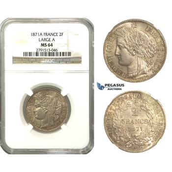 M41, France, 3rd Republic, CERES 2 Francs 1871-A (Large A) Paris, Silver, NGC MS64
