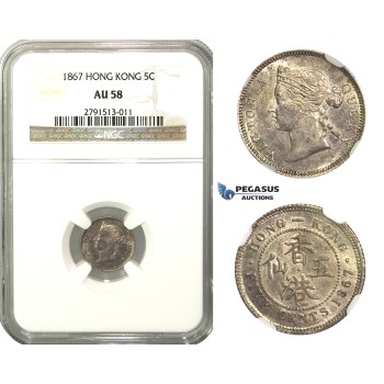M51, Hong Kong, Voctoria, 5 Cents 1867, Silver, NGC AU58