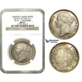 M53, East India Company, Victoria, Rupee 1840 (B&C) SW 3.33, 28 Berries, Silver, NGC MS61