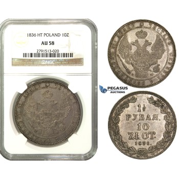 M54, Poland (under Russia) Nicholas I, 1-1/2 Rouble/10 Zlotych 1836 НГ, St. Petersburg, Silver, NGC AU58