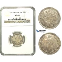 M61, Russia, Alexander II, 20 Kopeks 1876 СПБ-HI, St. Petersburg, Silver, NGC MS63 M61, Russia, Alexander II, 20 Kopeks 1876 СПБ-HI, St. Petersburg, Silver, NGC MS63