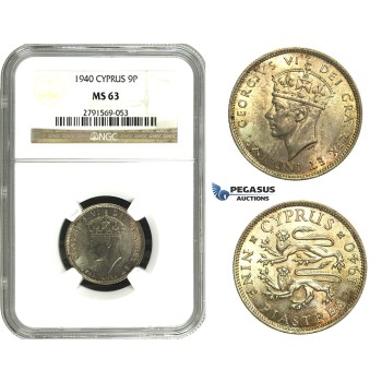 M91, Cyprus, George VI, 9 Piastres 1940, Silver, NGC MS63