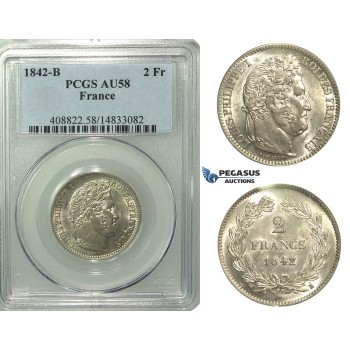 M93, France, Louis Philippe I, 2 Francs 1842-B, Rouen, Silver, PCGS AU58
