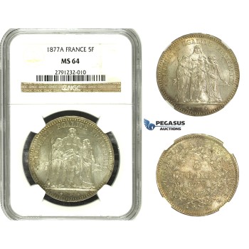 M96, France, 3rd Republic, 5 Francs 1877-A, Paris, Silver, NGC MS64 Fine toning!