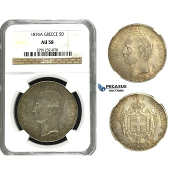 N02, Greece, George I, 5 Drachmai 1876-A, Paris, Silver, NGC AU58