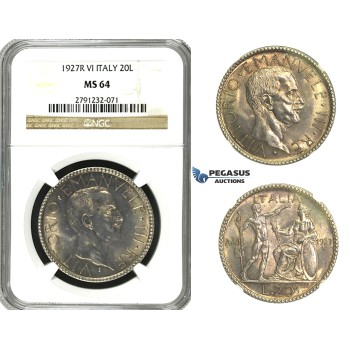 N08, Italy, V. Emanuele III, 20 Lire 1927-R (VI) Rome, Silver, NGC MS64