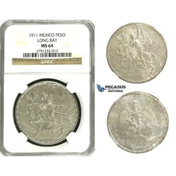 N10, Mexico, Caballito Peso 1911 (Long Ray) Silver, NGC MS64