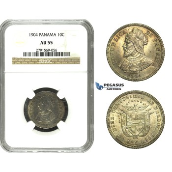 N12, Panama, 10 Centesimos 1904, Silver, NGC AU55