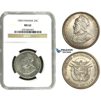 N13, Panama, 25 Centesimos 1904, Silver, NGC MS62, Fully frosted!