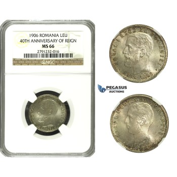 N15, Romania, Carol I, 1 Leu 1906, Brussels, Silver, NGC MS66 (Pop 1/3)
