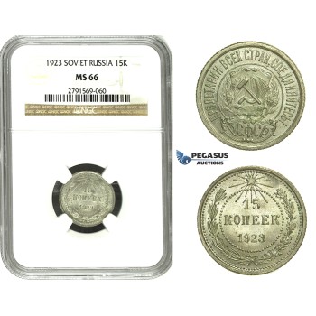 N30, Russia (Soviet Union) 15 Kopeks 1923, Silver, Leningrad, NGC MS66