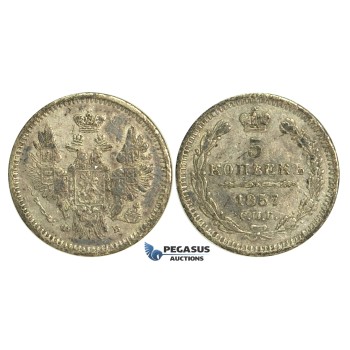 N39, Russia, Alexander II, 5 Kopeks 1857 СПБ-ФБ, St. Petersburg, Silver, Rare!